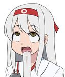  ahegao alcohol commentary commentary_request drooling green_eyes hairband japanese_clothes kantai_collection long_hair masara masara_ahegao open_mouth red_hairband sake shoukaku_(kantai_collection) simple_background solo upper_body white_background white_hair 