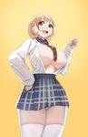  1girl :d blonde_hair bow_(bhp) bra breasts brown_eyes cleavage hair_ornament hairclip hands_on_hips huge_breasts large_breasts looking_at_viewer narusawa_ryouka occultic;nine open_clothes open_mouth open_shirt short_hair skirt smile solo thick_thighs thighhighs thighs tie white_legwear yellow_background 