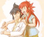  1girl alain_(pokemon) black_hair blue_eyes closed_eyes couple grin hetero ikki_(degutaro_) labcoat long_hair manon_(pokemon) older one_eye_closed pokemon pokemon_(anime) pokemon_xy_(anime) red_hair short_hair sketch smile what_if 