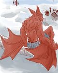 2013 4_fingers anthro athletic bat blue_sky building clothed clothing colored day detailed_background fur house male mammal membranous_wings muscular muscular_male outside pants rear_view red_eyes red_fur schwartzgeist shaded sitting sky snow topless tree wings 
