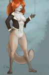  anthro breasts canine clothed clothing coffeestain female fox looking_at_viewer mammal nipples pussy skimpy smile smoking solo 