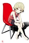  bakemonogatari barefoot blonde_hair bloomers bob_cut chair child dress elbow_rest full_body hamakado_mondo hand_on_head highres kizumonogatari looking_at_viewer monogatari_(series) oshino_shinobu ribbon shadow short_dress short_hair simple_background sitting smile solo underwear white_background yellow_eyes 