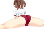  :o ass blue_eyes blush brown_hair buruma commentary_request crop_top from_behind gym_uniform ichi_makoto kaze_(kazesan) kneepits legs long_hair looking_back lying midriff on_stomach original parted_lips ponytail profile shiny shiny_skin shirt short_hair short_sleeves simple_background solo split spread_legs sweat thighs white_background white_shirt 
