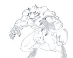  4_fingers abs anthro biceps big_biceps black_and_white canine cheek_tuft claws digitigrade fluffy fox front_view fur humanoid_hands hyper_muscular hyper_muscules looking_at_viewer male mammal monochrome muscular muscular_male naturally_censored nude pecs quads schwartzgeist simple_background standing triceps tuft were werefox white_background 