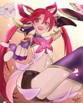  bare_shoulders fingerless_gloves flat_chest gloves highres jinx_(league_of_legends) league_of_legends long_hair looking_at_viewer navel nekobox open_mouth red_eyes red_hair sleeveless sleeveless_turtleneck smile solo star star-shaped_pupils star_guardian_jinx symbol-shaped_pupils turtleneck twintails very_long_hair 
