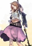 breasts brown_eyes brown_hair dango food futatsuki_eru highres holding holding_weapon long_hair looking_at_viewer medium_breasts navel open_mouth original polearm simple_background solo teeth wagashi weapon white_background 