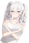  absurdres bare_shoulders breasts crossed_arms grey_hair highres kantai_collection kashima_(kancolle) large_breasts looking_at_viewer naked_towel towel twintails wavy_hair zlao 