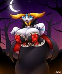  aijou averyshadydolphin big_breasts big_butt big_thighs blonde_hair breasts butt cape clothing costume dragon dress fangs female hair halloween hi_res holidays looking_at_viewer moon teeth tongue tree 