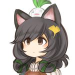  1girl animal_ears black_hair brown_hair cat_ears food hair_ornament long_hair o_o on_head onion original rectangular_mouth short_hair simple_background solid_circle_eyes upper_body vegetable white_background 