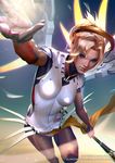  artist_name blonde_hair blue_background blue_eyes bodysuit breasts brown_legwear chromatic_aberration cowboy_shot deviantart_username emblem foreshortening gloves glowing glowing_wings gradient gradient_background high_ponytail holding holding_staff lips long_hair looking_at_viewer mechanical_halo mechanical_wings medium_breasts mercy_(overwatch) nose outstretched_hand overwatch pantyhose parted_lips patreon_username pelvic_curtain ponytail realistic solo staff swiss_flag watermark web_address wings yellow_background yellow_wings zumi_(zumidraws) 