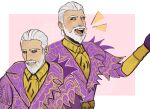  1boy beard black_sclera colored_sclera dress_shirt facial_hair gold_embroidery grin hair_slicked_back highres jacket laughing male_focus multiple_views mustache open_mouth ornate_clothes peony-plum pink_background purple_jacket sheogorath shirt signature slit_pupils smile solo teeth the_elder_scrolls the_elder_scrolls_iv:_oblivion upper_body white_background white_hair yellow_eyes yellow_shirt 