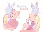  aged_down anthro burger burgerpants carrying chin_on_head clothed clothing dessert duo english_text food fur humanoid ice_cream male mammal nicecream_man on_lap simple_background sitting_on_lap size_difference smile striped_shirt text undertale video_games white_background yanagi_50 