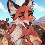 1:1 anthro bag blush bottle brown_body brown_eyes brown_fur canid canine cloud container day digital_media_(artwork) drunk female fox fur holding_alcohol holding_bottle holding_container holding_object looking_at_viewer mammal nenio open_mouth outside paizo pathfinder pathfinder:_wrath_of_the_righteous portrait smile solo substance_intoxication tenebriscorvus