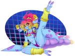  2019 80s arm_warmers armwear big_tail bikini blithedragon blonde_hair blue_skin butt clothed clothing cteno exercise female flat_chested gloves hair humanoid leg_warmers legwear monster monster_girl_(genre) multi_arm multi_limb multicolored_hair navel pink_hair ponytail raised_leg red_eyes simple_background sling_bikini solo stretching swimsuit thick_tail thick_thighs wide_hips yellow_pupils yellow_sclera 
