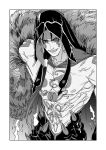  1boy birdhatter body_markings cape cu_chulainn_(fate) cu_chulainn_alter_(fate) detached_hood facial_mark fate/grand_order fate_(series) fur_cape greyscale hair_tubes hood hood_up long_hair looking_at_viewer male_focus monochrome nipples open_mouth ponytail sharp_teeth single_hair_tube solo teeth topless_male upper_body 