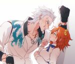  0nodera 1boy 1girl against_wall black_gloves blue_ribbon blush commentary_request eye_contact fate/grand_order fate_(series) fujimaru_ritsuka_(female) fujimaru_ritsuka_(female)_(anniversary_blonde) gloves grey_hair hair_ornament hair_scrunchie hetero kabedon long_sleeves looking_at_another nagakura_shinpachi_(fate) one_side_up orange_eyes orange_hair ribbon scar scar_on_chest scar_on_face scrunchie shirt short_hair upper_body white_shirt 