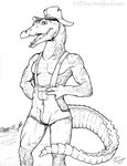  2000 alligator anthro bulge chris_sawyer clothing crocodilian hat male monochrome overalls reptile scalie solo standing water 