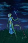  2012 5_fingers anthro barefoot blue_eyes dalagar female grass green_scales holding_object holding_weapon horn melee_weapon night outside polearm scales scalie sky solo spear star starry_sky weapon 