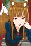  1girl animal_ear_fluff animal_ears black_skirt black_vest blue_shirt breasts brown_hair brown_tail commentary corrupted_twitter_file cowboy_shot diagada english_commentary eyelashes finger_to_mouth fur-trimmed_vest fur_trim highres holo leaning_forward long_hair long_sleeves looking_at_viewer neck_pouch outdoors red_eyes shirt skirt small_breasts solo spice_and_wolf tail tassel teeth tongue tongue_out torii vest wolf_ears wolf_girl wolf_tail 