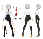  1girl asymmetrical_legwear bandaid bandaid_on_face bandaid_on_nose black_boots black_gloves black_necktie black_skirt blonde_hair boots breasts collared_shirt color_guide colored_inner_hair colored_shoe_soles commentary_request cropped_jacket gloves grey_hair hachi_(live_union) hair_ornament highres izumi_sai jacket live_union long_sleeves medium_breasts multicolored_hair multiple_views necktie official_art open_clothes open_jacket reference_sheet second-party_source shirt shoe_soles short_hair simple_background skirt thigh_boots uneven_legwear virtual_youtuber white_background white_jacket white_shirt yellow_eyes 