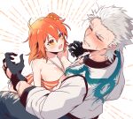  0nodera 1boy 1girl ahoge bikini black_gloves blush breasts cleavage closed_eyes commentary_request emphasis_lines fate/grand_order fate_(series) forked_eyebrows fujimaru_ritsuka_(female) fujimaru_ritsuka_(female)_(brilliant_summer) gloves grimace hetero jacket large_breasts nagakura_shinpachi_(fate) one_side_up open_mouth orange_hair partial_commentary striped_bikini striped_clothes swimsuit white_background white_jacket 