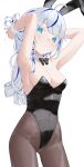  1girl absurdres ahoge animal_ears aokumo_rin arms_behind_head black_bow black_bowtie black_leotard black_pantyhose blue_eyes blue_hair bow bowtie breasts cleavage commentary detached_collar fake_animal_ears highleg highleg_leotard highres leotard long_hair looking_at_viewer multicolored_hair nmm pantyhose playboy_bunny rabbit_ears simple_background solo standing stellive streaked_hair two-tone_hair virtual_youtuber white_background white_hair 