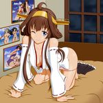  ahoge all_fours barefoot blue_eyes breasts brown_hair cleavage detached_sleeves double_bun hairband indoors kantai_collection katsuragi_(kantai_collection) kongou_(kantai_collection) large_breasts long_hair looking_at_viewer mutsu_(kantai_collection) mutsuki_(kantai_collection) nagato_(kantai_collection) no_bra on_bed one_eye_closed panties panty_pull photo_(object) pink_panties remodel_(kantai_collection) shiba_cyon sidelocks skirt skirt_removed smile solo underwear unryuu_(kantai_collection) window yuudachi_(kantai_collection) 