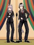  2girls ^_^ adjusting_clothes adjusting_necktie animal_ears black_hat black_jacket black_pants black_shoes black_suit blank_eyes blazer blunt_bangs closed_eyes collared_shirt commentary_request dress_shirt full_body gold_ship_(umamusume) green_necktie grey_hair hand_on_own_hip hat headphones headset highres horse_ears horse_girl horse_tail index_finger_raised jacket loafers long_hair long_legs mejiro_mcqueen_(umamusume) microphone_stand multiple_girls necktie open_mouth pants parted_bangs pointing purple_hair red_necktie shirt shoes sidelocks smile standing suit tail umamusume white_shirt yukitake_(bullfalk) 