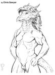  2008 anthro belly biceps chris_sawyer dragon ear_frills frill hair horn looking_at_viewer male muscular nude pecs scalie solo standing 