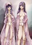  bad_anatomy bangs bare_shoulders blunt_bangs breasts crescent crescent_hair_ornament dual_persona flat_chest fundoshi hair_ornament hair_ribbon hat japanese_clothes large_breasts mob_cap multiple_girls no_bra no_hat no_headwear open_clothes open_robe patchouli_knowledge plump purple_eyes purple_hair ribbon ribs robe skinny touhou yohane 