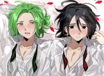  2boys :o ahoge alternate_costume arm_behind_head arm_up bed_sheet benishoga_jin black_eyes black_hair blurry_edges blush collarbone collared_shirt commentary_request cross cross_earrings curtained_hair earrings everyday_host from_above gold_earrings green_eyes green_hair hair_between_eyes half_up_bun hand_up highres iwiyjh jacket jewelry looking_at_viewer lying male_focus medium_hair multiple_boys necktie on_back open_clothes open_jacket parted_bangs pectoral_cleavage pectorals petals portrait raised_inner_eyebrows red_petals sauce_nishioka shirt shy side-by-side silver_ring sketch tareme undone_necktie white_jacket white_shirt 