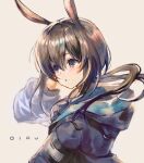  1girl amiya_(arknights) animal_ears arknights black_jacket blue_eyes blush brown_background brown_hair character_name commentary_request hair_between_eyes hand_up highres hood hood_down hooded_jacket jacket kittika_thaworn long_hair long_sleeves parted_lips ponytail rabbit_ears rabbit_girl simple_background solo upper_body 