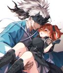  0nodera 1boy 1girl belt black_shirt blue_eyes blush boots breasts carrying commentary_request fate/grand_order fate_(series) forehead_protector fujimaru_ritsuka_(female) fujimaru_ritsuka_(female)_(polar_chaldea_uniform) gradient_background grey_hair hetero japanese_clothes lace-up_boots large_breasts nagakura_shinpachi_(fate) nagakura_shinpachi_(third_ascension)_(fate) one_side_up open_mouth orange_eyes parted_lips pleated_skirt ponytail princess_carry scar scar_on_face shirt short_hair skirt 