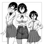  3girls asai_akira bleach breasts chainsaw_man crossover greyscale hair_between_eyes highres kuchiki_rukia looking_at_viewer monochrome multiple_crossover multiple_girls necktie reiquant reze_(chainsaw_man) school_uniform shirt short_hair simple_background skirt sleeveless sleeveless_shirt trait_connection white_background yofukashi_no_uta 