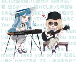  2girls bang_dream! bang_dream!_it's_mygo!!!!! baseball_cap black_hat black_ribbon black_shorts blonde_hair blue_hair chibi chibi_only commentary eighth_note electric_guitar grey_skirt guitar hair_ribbon hat heart instrument keyboard_(instrument) mary_janes medium_hair misumi_uika multiple_girls music musical_note open_mouth playing_guitar playing_instrument purple_eyes rhapsode ribbon shirt shoes shorts skirt smile socks standing togawa_sakiko translation_request two_side_up white_hat white_shirt white_socks 