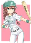  :o baseball_bat baseball_helmet baseball_uniform belt braid breasts brown_hair green_eyes helmet jersey kantai_collection long_hair medium_breasts noshiro_(kantai_collection) pants short_sleeves simple_background solo sportswear taishi_(moriverine) twin_braids 