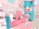  1girl alternate_costume aqua_eyes aqua_hair aqua_panties aqua_shirt bed cat character_name closed_mouth commentary full_body hair_ornament hatsune_miku highres indoors light_smile long_hair looking_at_viewer midriff miniskirt monster_l_(hochihochiha) painting_(object) panties pantyshot pink_skirt pink_tank_top pink_thighhighs shirt sidelocks sitting skirt solo striped_clothes striped_panties symbol-only_commentary tank_top thighhighs twintails underwear vocaloid white_panties x_hair_ornament 