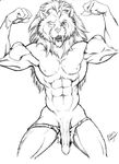  2006 abs anthro biceps chris_sawyer claws clothing fangs feline flexing hair long_hair male mammal mane monochrome muscular nipples one_eye_closed penis pinup pose saber-toothed_cat sharp_teeth solo teeth underwear vein veiny_penis wink 