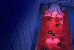  1girl absurdres bath bath_of_blood bathing black_flower blood closed_mouth flower grey_eyes grey_hair hair_flower hair_ornament hair_over_one_eye hashtag-only_commentary highres indoors isekaijoucho kamitsubaki_studio kyarameru_xx long_hair multicolored_hair red_hair solo tile_wall tiles twirling_hair two-tone_hair virtual_youtuber 