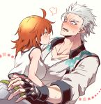  0nodera 1boy 1girl ahoge black_gloves blue_eyes blush collarbone commentary_request embarrassed fate/grand_order fate_(series) fingerless_gloves forked_eyebrows fujimaru_ritsuka_(female) fujimaru_ritsuka_(female)_(summer_street) gloves grey_hair grey_jacket hetero jacket midriff nagakura_shinpachi_(fate) orange_eyes orange_hair short_hair 