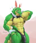  2019 abs absurd_res anthro biceps big_muscles black_bottomwear black_clothing black_underwear blush bow_tie clothed clothing crocodile crocodilian digital_media_(artwork) fake_ears fake_rabbit_ears flying_sweatdrops front_view gradient_background green_scales green_tail hand_behind_head hand_on_hip hi_res intven96 league_of_legends looking_at_viewer male multicolored_scales multicolored_tail muscular muscular_male nipples orange_eyes pecs penis penis_base portrait quads renekton reptile riot_games scales scalie shy signature simple_background slit_pupils smile smirk solo standing sweat sweatdrop teeth tenting thick_tail thong three-quarter_portrait two_tone_scales two_tone_tail underwear video_games yellow_nipples yellow_penis yellow_scales yellow_tail 