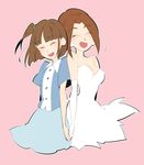  aqua_skirt blue_vest brown_hair closed_eyes crayon_shin-chan dress happy kaneari_tamiko multiple_girls namauni outline side_ponytail skirt tsubaki_(crayon_shin-chan) vest wedding_dress white_outline 