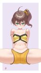  1girl absurdres ahoge armpit_crease bare_shoulders brown_hair commentary crop_top dolphin_shorts english_commentary green_eyes hair_ornament hair_scrunchie highres hololive looking_at_viewer medium_hair midriff natsuiro_matsuri natsuiro_matsuri_(matsuri's_day_off) navel scrunchie shorts side_ponytail simple_background smile solo spread_legs strap_slip tasty_(dudwofla) virtual_youtuber 
