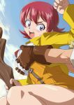  1boy 1girl black_thighhighs blue_sky breasts brown_gloves commentary_request dress embarrassed feylin floating gloves grabbing_another's_breast grabbing_from_behind groping hagan ishida_baru jacket looking_at_another looking_back open_mouth purple_eyes red_hair sky sweat tanken_driland tanken_driland:1000-nen_no_mahou thighhighs yellow_dress yellow_jacket zipper 