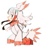  1girl bird_girl bird_tail commentary from_side fur-trimmed_collar fur_trim head_wings highres japanese_crested_ibis_(kemono_friends) kemono_friends long_hair looking_at_viewer multicolored_hair naka_(buttergirl_02) profile red_hair shirt simple_background sleeves_past_fingers sleeves_past_wrists solo tail two-tone_hair white_background white_hair white_shirt wings 