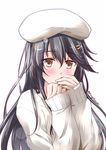  alternate_costume alternate_headwear beret black_hair blush brown_eyes covering_mouth hair_ornament hairband hairclip haruna_(kantai_collection) hat kantai_collection long_hair looking_at_viewer mikage_takashi smile solo sweater twitter_username upper_body 