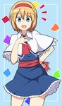  alice_margatroid ascot blonde_hair blue_background blue_dress blue_eyes capelet cowboy_shot dress enushi_(toho193) eyebrows eyebrows_visible_through_hair hairband hand_on_hip hand_on_own_chest looking_at_viewer open_mouth sash short_hair simple_background smile solo touhou white_capelet 