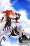  1girl absurdres angel arknights black_gloves black_jacket black_shoes black_shorts blue_sky breasts commentary cross cross_earrings detached_wings earrings english_commentary exusiai_(arknights) exusiai_the_new_covenant_(arknights) fingerless_gloves gloves halo highres jacket jewelry lavriell looking_at_viewer medium_breasts midair pouch red_eyes red_hair shoes short_hair shorts side_ponytail sky smile solo thigh_pouch thighhighs thighs white_shoes white_thighhighs wings 