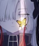  1girl absurdres black_jacket bug butterfly close-up crack_of_light grey_eyes grey_hair hair_over_one_eye hashtag-only_commentary highres isekaijoucho jacket kamitsubaki_studio kyarameru_xx long_hair multicolored_hair parted_lips portrait red_hair solo two-tone_hair virtual_youtuber 