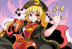 black_dress blonde_hair bugles chinese_clothes commentary dress food grin hat highres junko_(touhou) long_hair long_sleeves red_eyes sash shinapuu smile solo touhou 